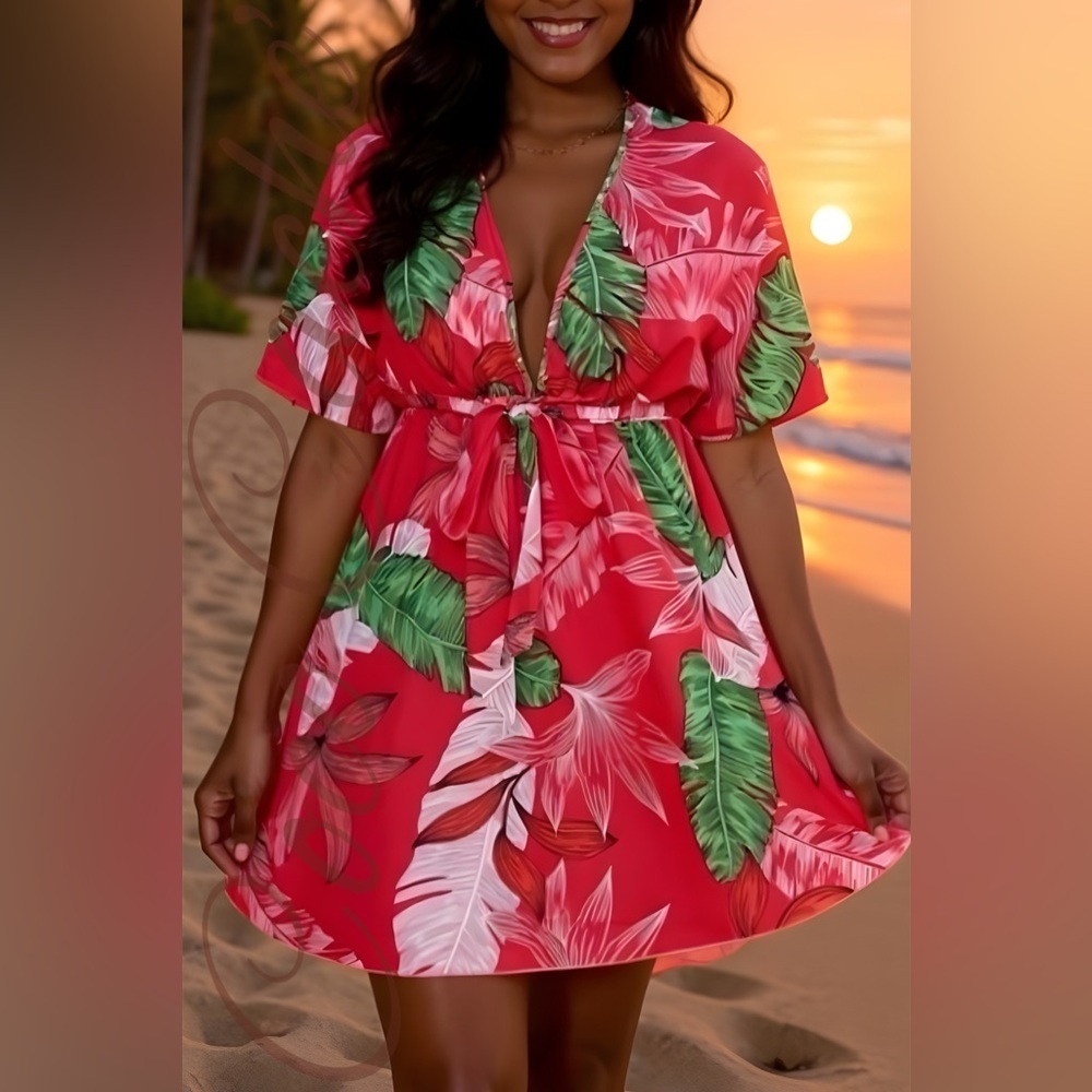 Tropical Print Dolman Sleeve Plunging Neck Belted Dress